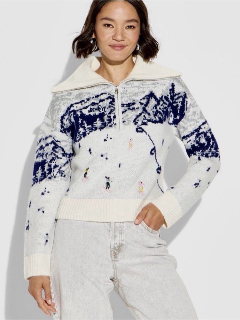 Wild Fable Novelty Medium Ski Quarter Zip Ivory Blue Polo Collar Sweater